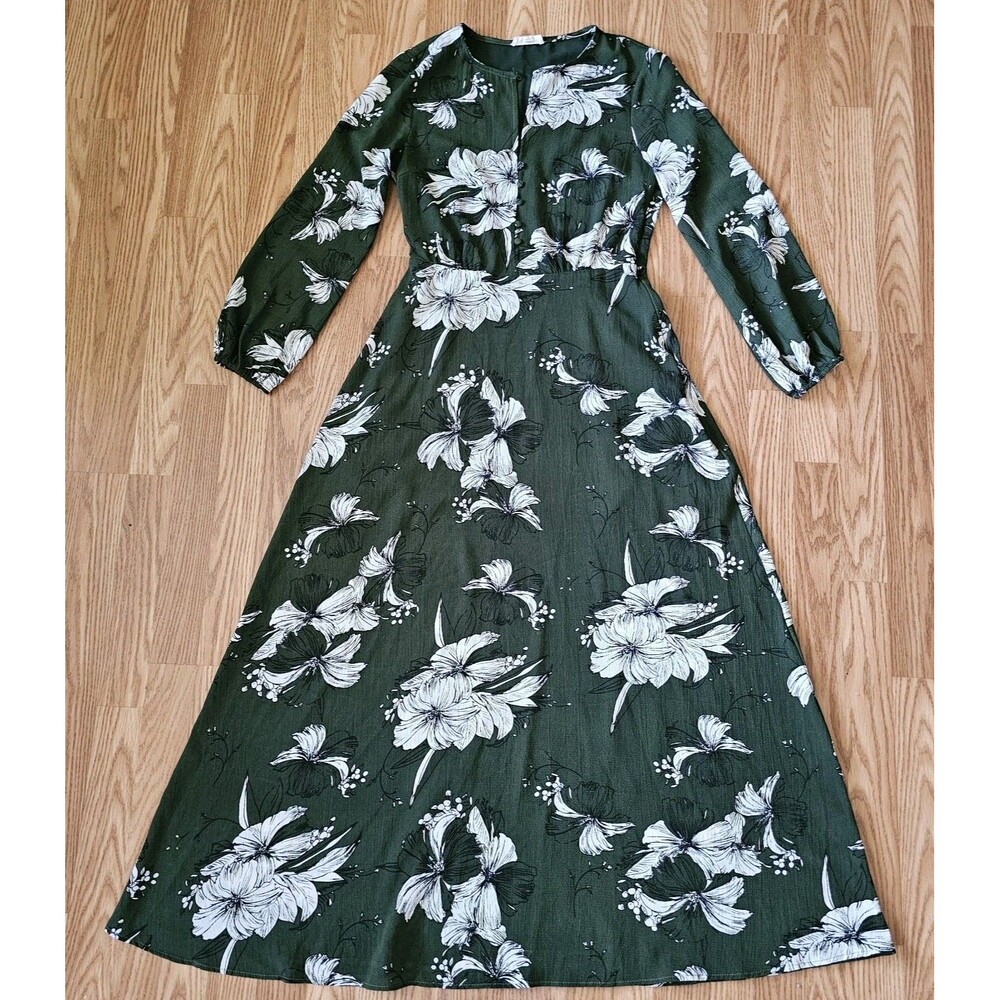 Promesa Floral Maxi Dress Womens Small Dark Green White Long Sleeve Boho Midi